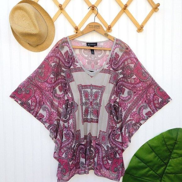 Y2K Mesh Batwing Sleeve Top Size M Pink Paisley Print Embellished Vintage Womens - Picture 1 of 9